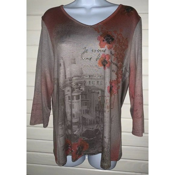 Christopher Banks Sz MEDIUM Taupe Rusty Red Knit Pullover Tunic Bling Floral EUC - Picture 4 of 11